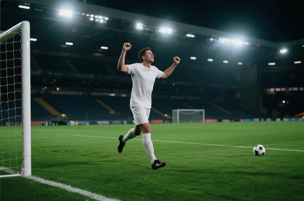 A professional soccer player celebrating a goal on a lush green field under bright stadium lights, cinematic shot